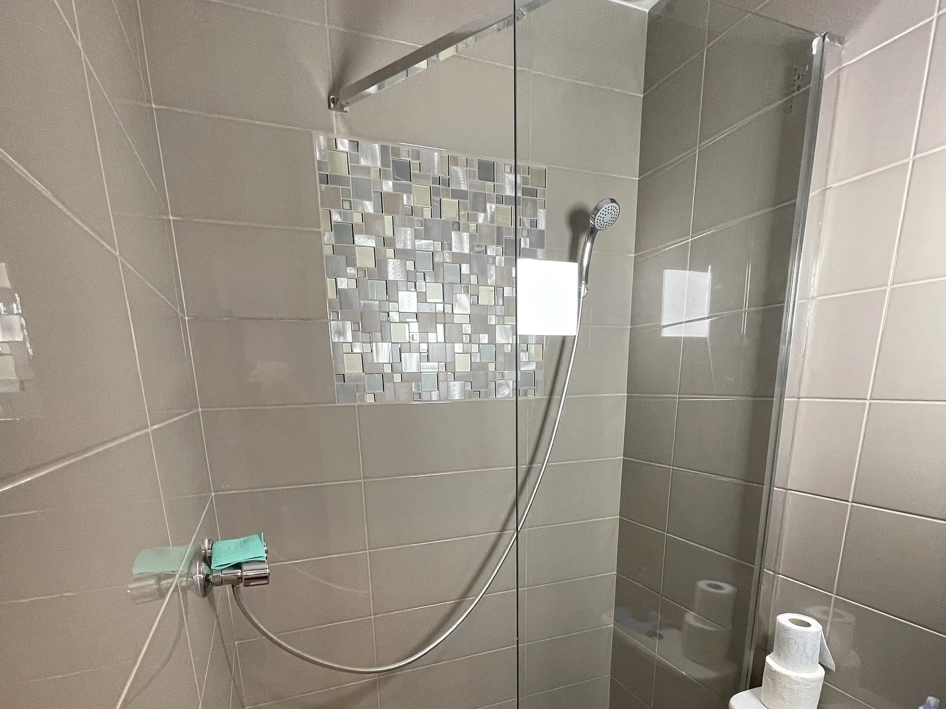 La seconde salle d’eau : douche à l’italienne, WC et frise en mosaïque